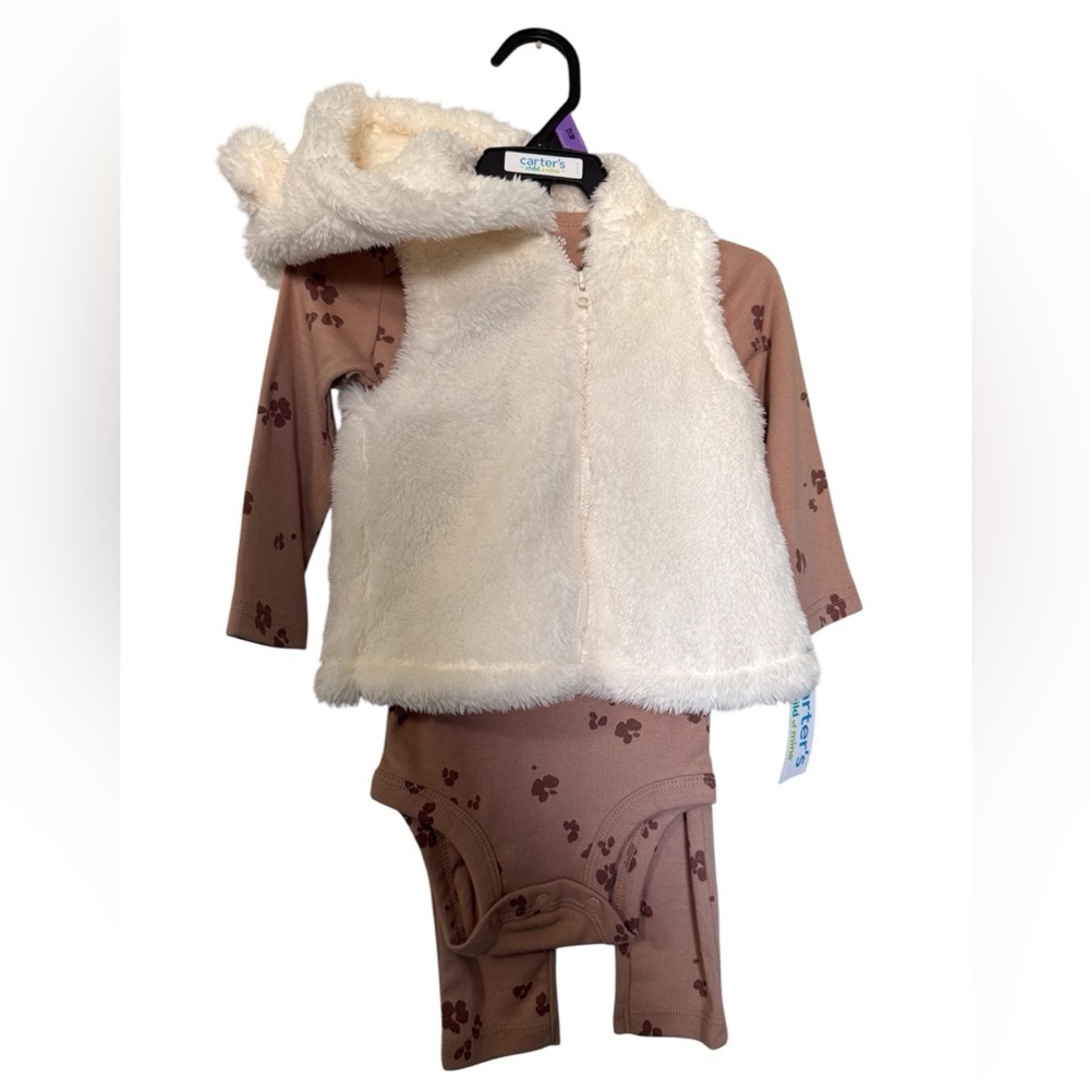 🧸NWT Carter's Cream Fuzzy Vest with Brown Onesie 3 Piece Set Size 12M